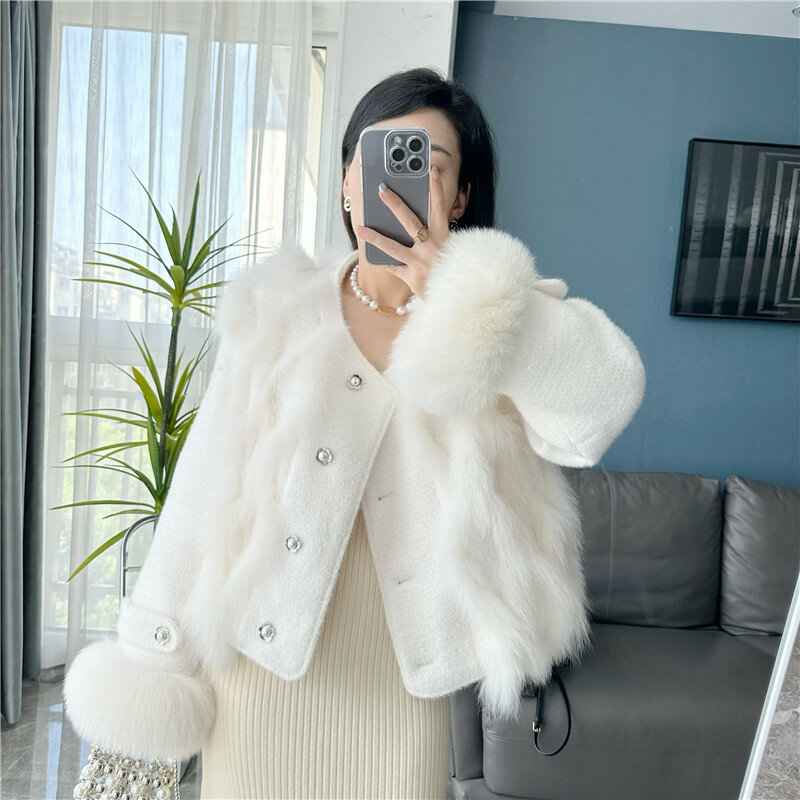 Manteaux en fourrure de renard naturel pour femmes, manteaux en laine, design coréen, mode de luxe, nouveauté, 2023