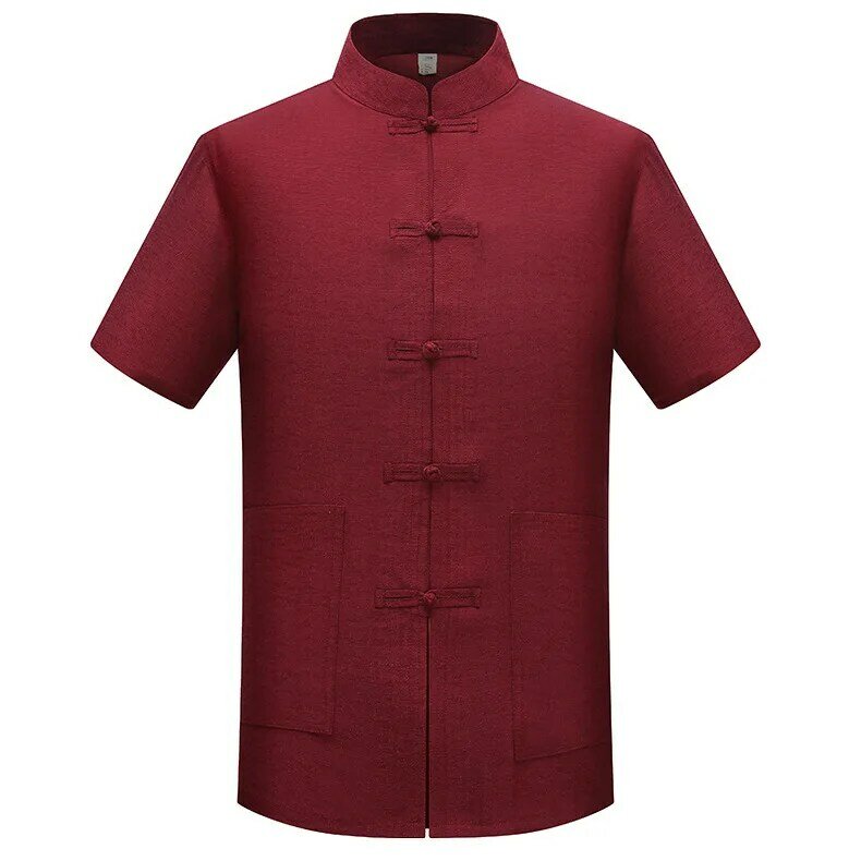 Roupas Tang tradicionais para homens, blusa vintage de botão para baixo jaqueta de manga curta vestuário de algodão Kung Fu traje sólido masculino