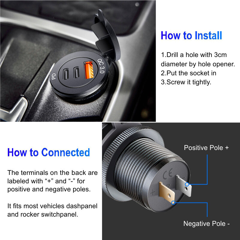 Usb socket in the car Quick Charge  PD 3.0  Car Charger 60W  Outlet Socket For 12V 24V Motorcycle Boat Marine Truck ATV