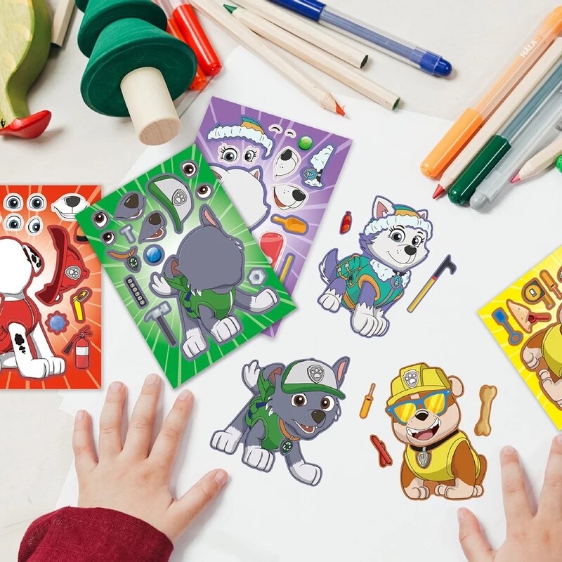 8/16Sheets PAW Patrol Puzzle Anime Stickers Chase Make-a-Face Assemble Funny Cartoon Decal Assemble Jigsaw Children Gift Boy Toy