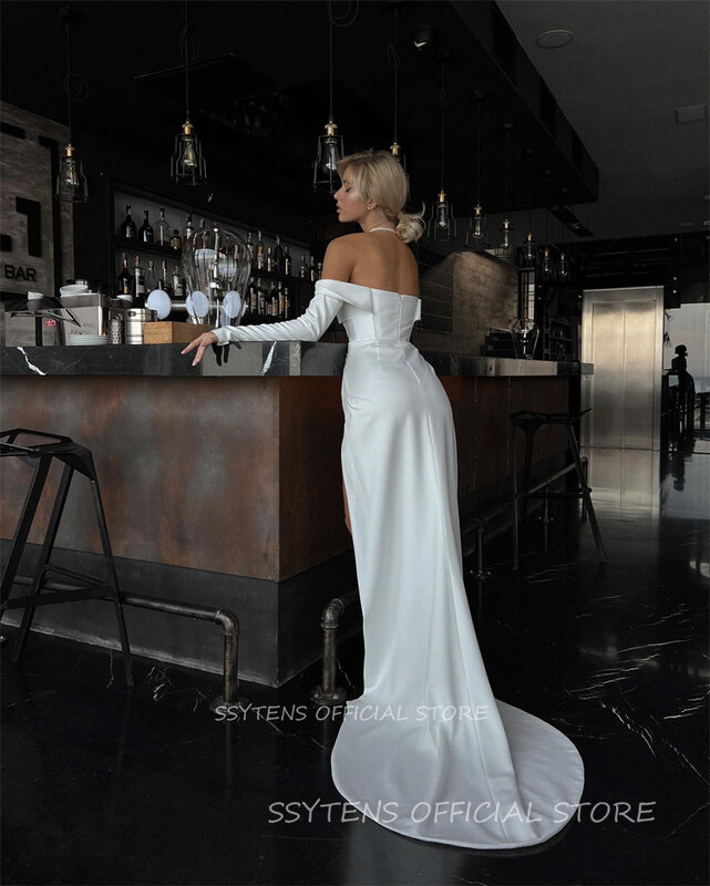 Vestido de noiva boho cetim para mulheres, fora do ombro, longo robe sereia, fenda nupcial, até o chão, vestidos de noiva, 2024