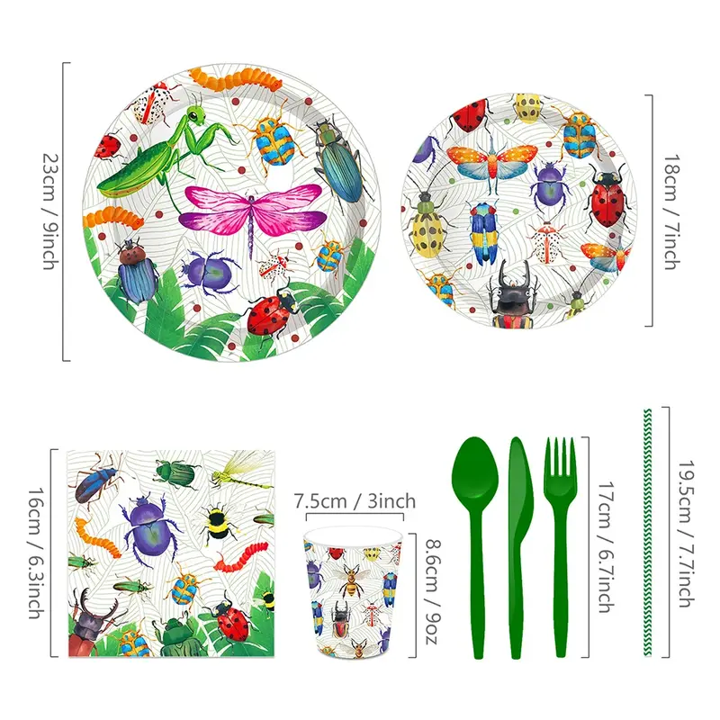 Наборы одноразовой столовой посуды в виде мультяшных животных, весенних насекомых, стрекозы, джунглей, украшения для вечеринки в честь рождения ребенка