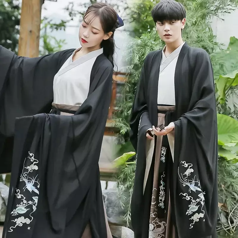 Gaun kuno tradisional Tiongkok, jubah Hanfu Pasangan Pria Wanita rok mantel hitam, kostum Cosplay ksatria Halloween dewasa, Set lengkap