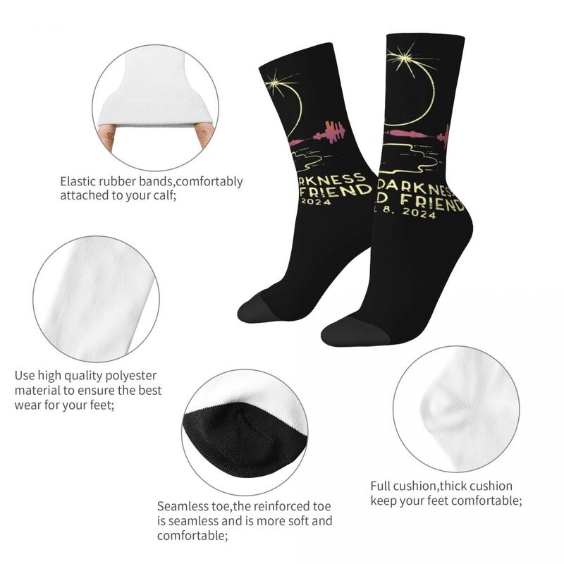 Men's Women's Funny Solar Eclipse 2024 April 8 Socks Warm Fashion Hello Darkness Socks Novelty Middle Tube Crew Socks