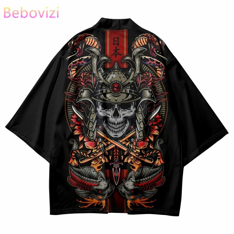 Japoński szkielet samuraj drukuj Kimono 2023 mężczyźni kobiety kardigan typu Oversized czarne bluzki letnia plaża Yukata Cosplay Haori