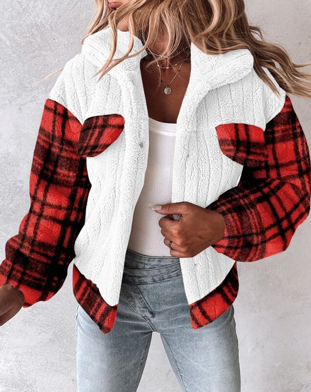 Warm Coat Casual Women's 2023 New Hot Selling Fashion Long Sleeve Plaid Print Flap Details Teddy Snap On Jacket