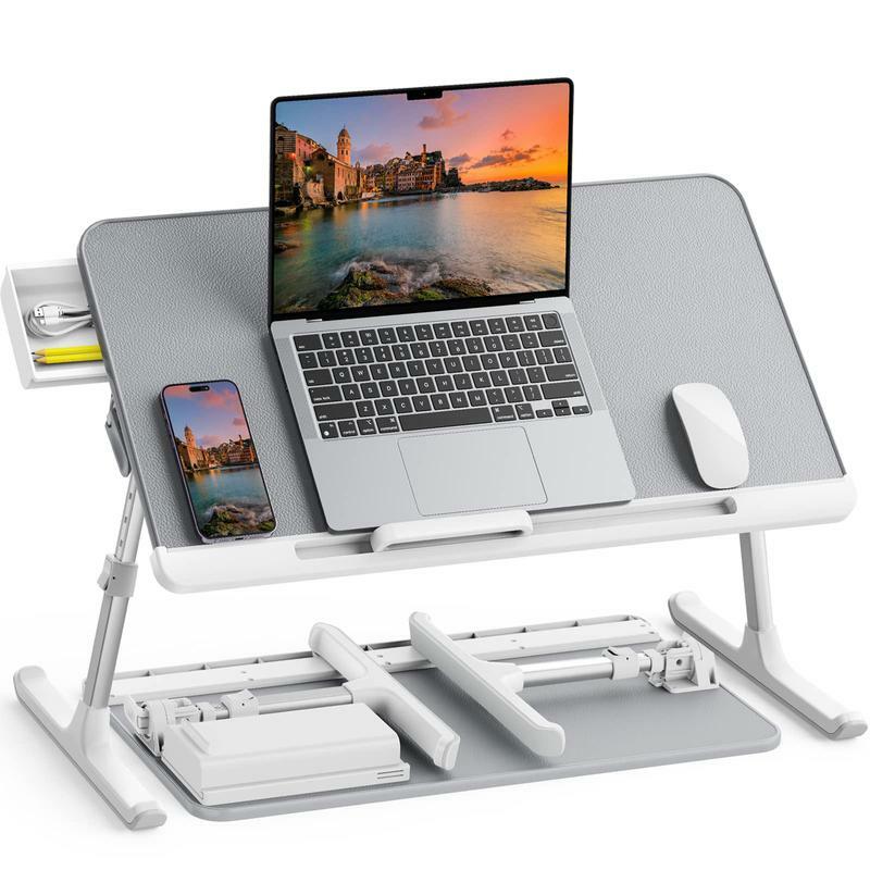 Mesa ajustável da bandeja da cama do portátil do couro do PVC, mesa ereta portátil com gaveta do armazenamento, dobrável