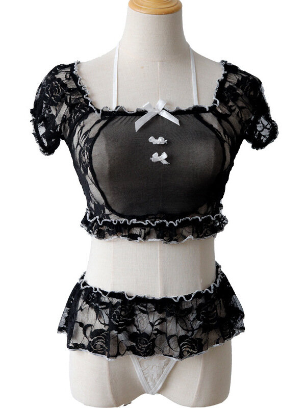 Conjunto erótico de encaje para mujer, falda de gasa suave con lazo, cintura baja, diseño de cintura baja, YLPC