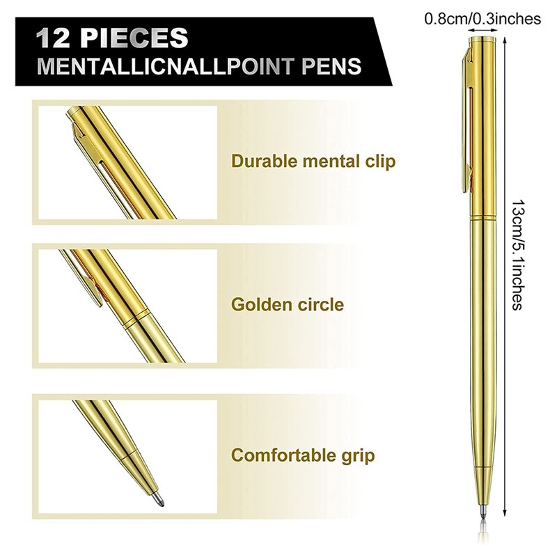 12Pcs Metallic Ballpoint Pens Gold Color Slim Ballpoint Pens Black Ink Metal Pens For Business Office Students Teachers