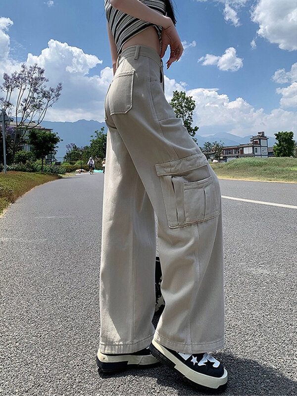 Jeans da donna di colore solido retrò americano estate nuovi pantaloni Cargo larghi Slim a vita alta pantaloni larghi da strada di moda Casual femminili