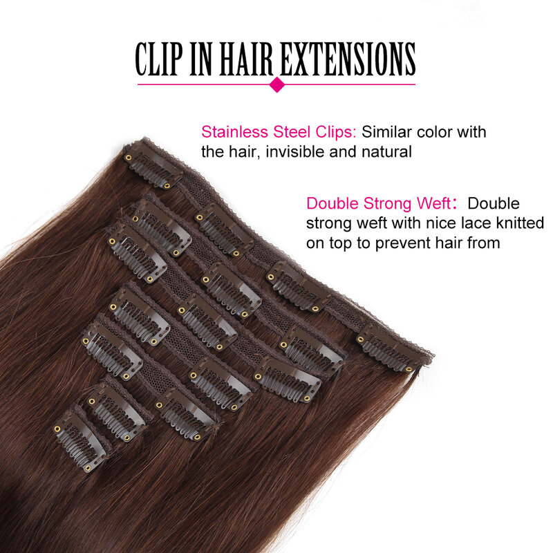 Extensiones de cabello humano con Clip, pelo brasileño liso, Color marrón Chocolate, trama de piel sin costuras, Invisible, 100% Remy