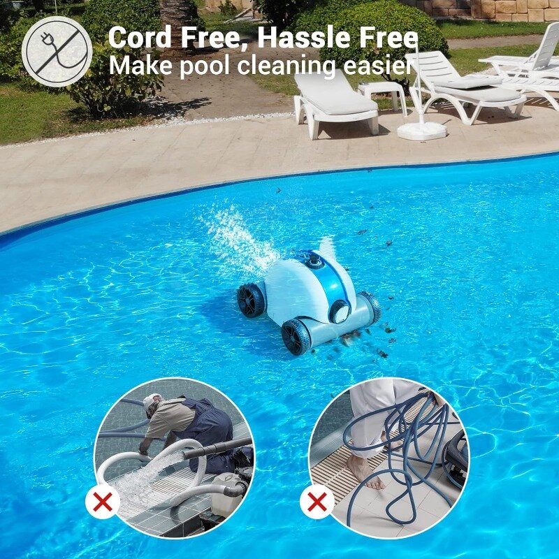 Limpiador de piscina robótico inalámbrico, aspirador automático de piscina, 60-90 minutos, batería recargable, IPX8 a prueba de agua, hasta 861 pies cuadrados
