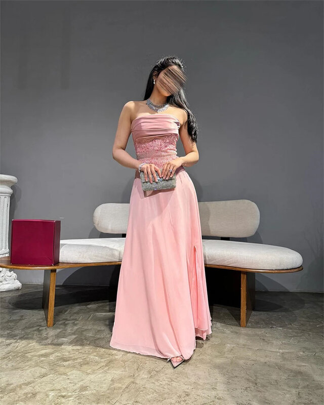 Elegant A-line Strapless Prom Dress Sleeveless Applique Party Dress Saudi Arabia  Customize Occasion Gown Long Dresses