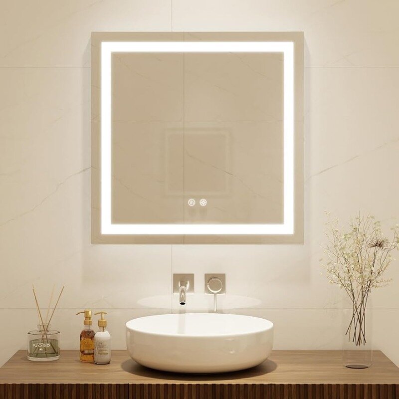 32x32 Zoll quadratischer LED-Badezimmers piegel, 3 Farben hell dimmbar, Schmink spiegel mit Antibeschlag-Berührungs schalter vorne beleuchtet und von hinten beleuchtet