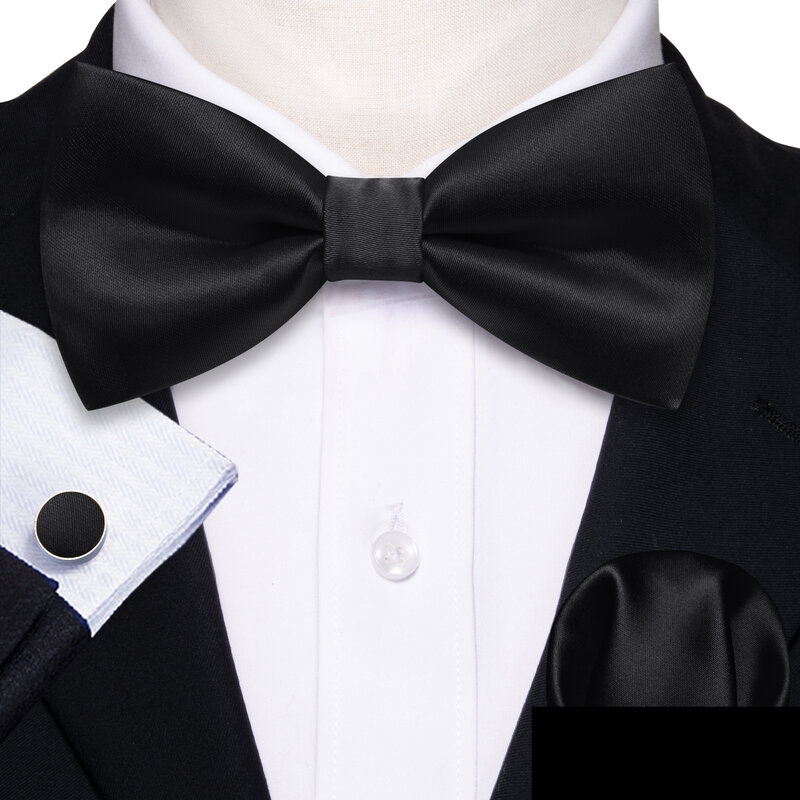 Barry.Wang Formal Black Silk Mens Bow Tie Jacquard Plain Solid Pre-Tied Bowtie Hanky Cufflinks Set Male Wedding Business Prom