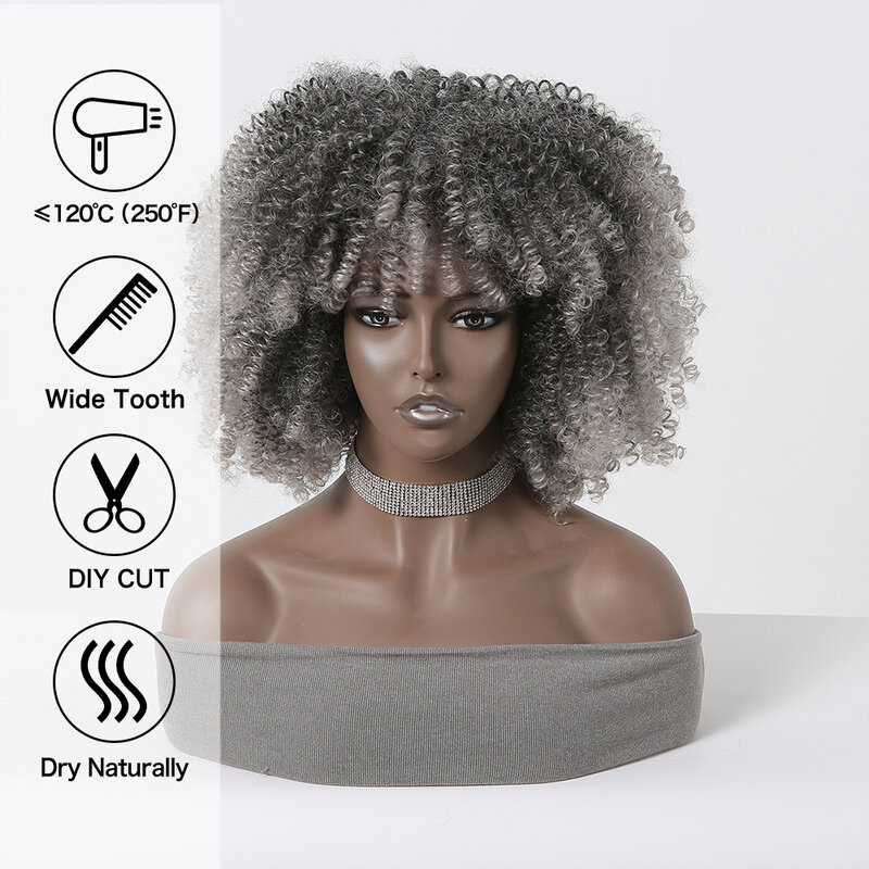 Peluca sintética rizada Afro con flequillo para mujeres negras, pelo de fibra esponjosa, resistente al calor, color gris plateado