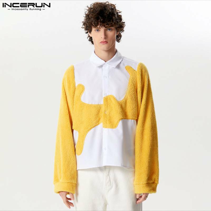 INCERUN Tops 2024 American Style New Men's Personality Suede Patchwork Irregular Shirts Fashion Casual Long Sleeved Blouse S-5XL