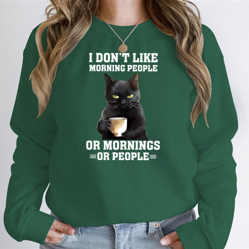 Women Graphic Fashion Casual Hoodies Black Cat I Don’t Like Morning People Sweatshirt Black Cat Drink Coffee Classic Sweatshirt