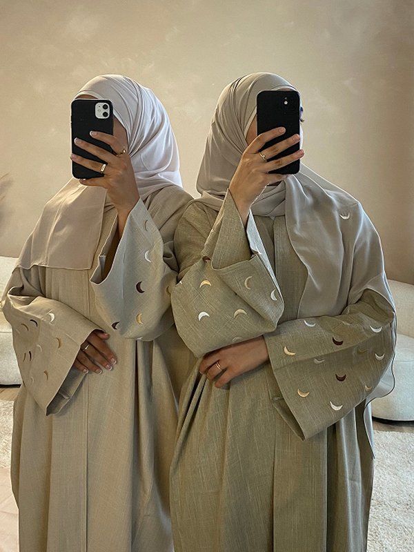 Ramadan 2024 Abaya Kollektion Leinen offen Abaya mit Fledermaus ärmeln Mond Stickerei Dubai islamische Saudi-Frauen lose Abayas kein Hijab