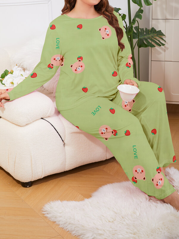 Conjunto de ropa de casa de manga corta y pantalones largos, pijama de talla grande, se puede usar en exteriores, 1xl-5xl, 2 piezas