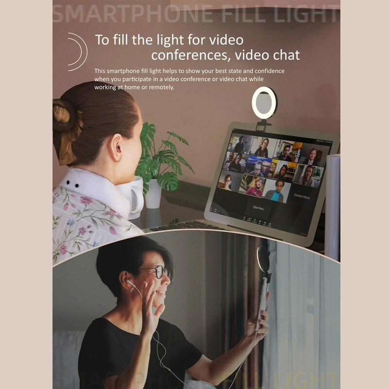 LED Selfie Ring Light com bateria recarregável, Luz de preenchimento do telefone móvel, 3 Temperatura de Cor, 7 Níveis de Brilho, 600mA
