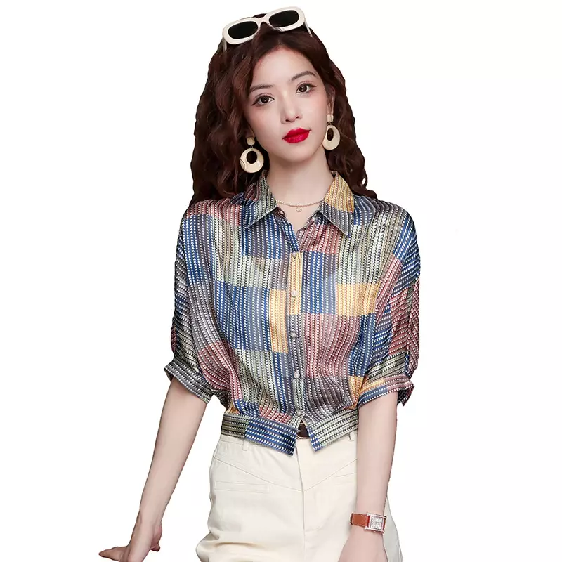 Chiffon Damen hemd Sommer Vintage Streifen Blusen schlanke Plaids druckt Frauen Tops Kurzarm Mode Kleidung Ycmyunyan