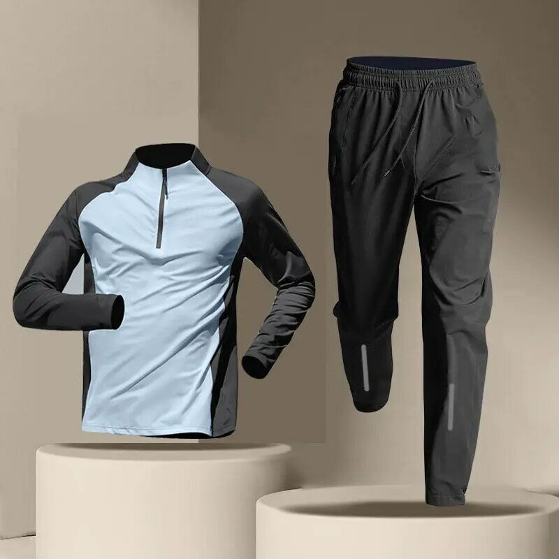 Fato de treino rápido masculino, conjuntos de t-shirts, meia zíper, manga comprida, desporto respirável, calças de treino, primavera, outono