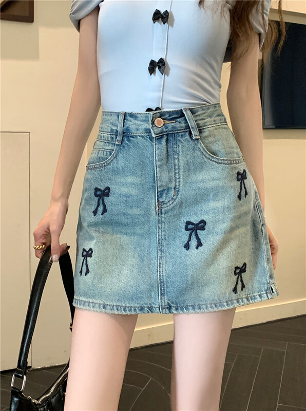 Benuynffy-Mini-saia linha A estilo coreano de cintura alta feminina, saia jeans com arco bordada, streetwear feminino, nova moda, verão, 2024
