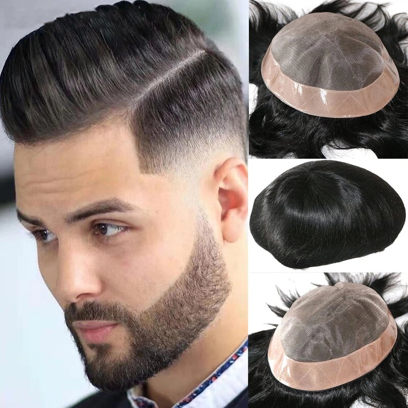 Toupee For Men Hair Replacement System Soft Hair Mono PU Base Wig Human Hair Durable Male Hair Prosthesis