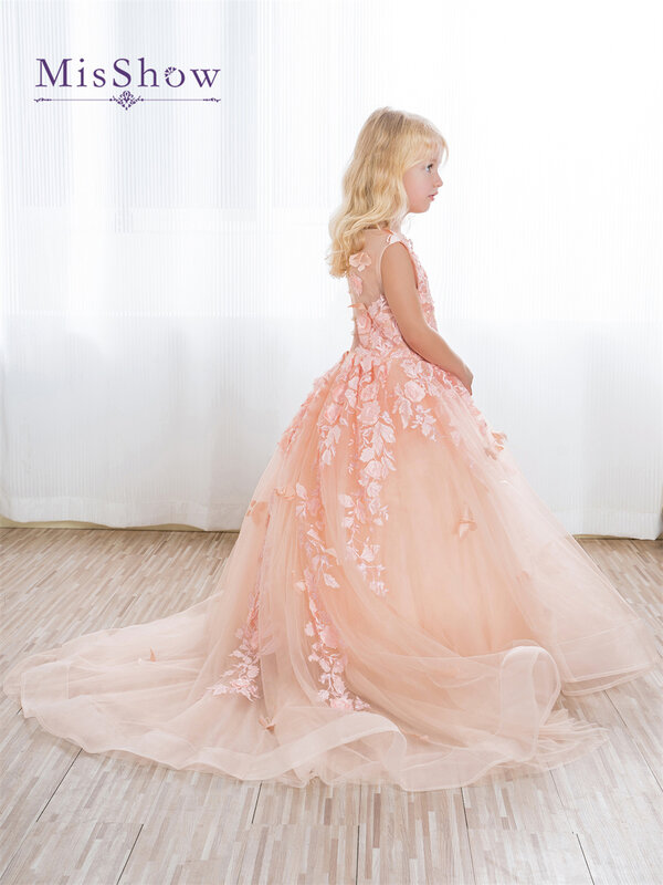 MisShow-Pink Flower Girl Vestidos para casamento, vestido de baile floral 3D Lace, vestido de princesa de aniversário fofo para crianças