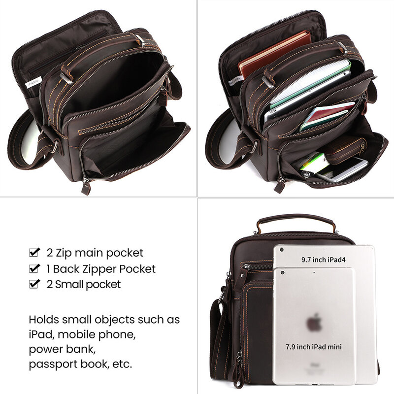 Small Leather Messenger Shoulder Bag Men Vintage Crazy Horse Leather  Crossbody for 9.7" Tablet Busniess Handbag