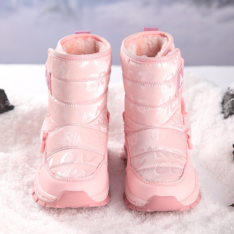 Botas de neve de forro de pele quente para meninos e meninas, Sapatos rasos antiderrapantes, Botas de pelúcia duráveis ao ar livre impermeáveis para crianças, Inverno