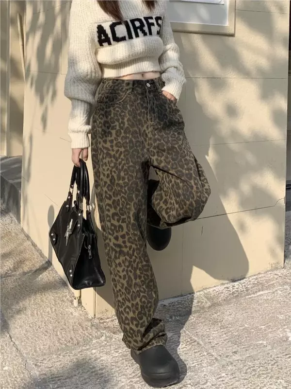 Джинсы женские с леопардовым принтом, Длинные свободные плиссированные модные брюки с завышенной талией, прямые штаны в Корейском стиле, весна-осень