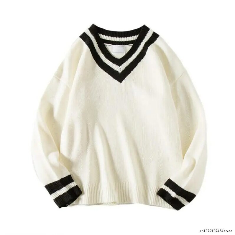 Мужской модный пуловер, теплый кашемировый вязаный свитер с длинным рукавом и V-образным вырезом, свободные пальто, повседневный черный/белый шерстяной свитер женский