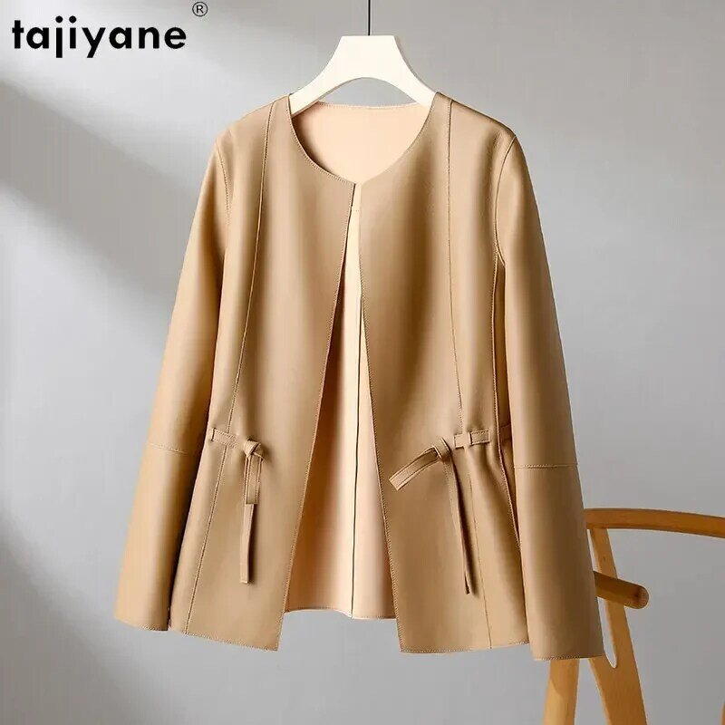 Tajiyane-정품 양피 자켓 여성용, 새로운 2023 봄 가을 우아한 슬림 진짜 가죽 자켓 레이스 업 코트 패션 Jaquetas