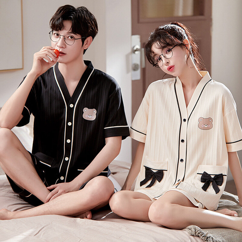 Летние Пижамные комплекты для пар, мультяшная Мужская одежда для сна, повседневное хлопковое кимоно с коротким рукавом для женщин, женская одежда, Прямая поставка