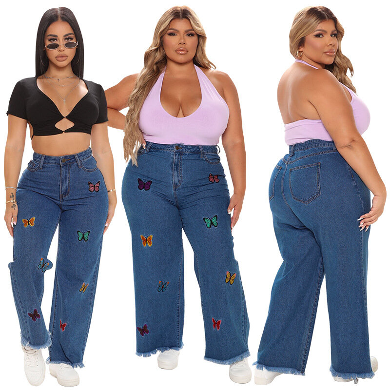 Plus Size Jeans Autumn Butterfly Cargo Pants Women Denim Trousers Streetwear Casual Y2K Female Bottoms L-5XL Oversized Jean Wear