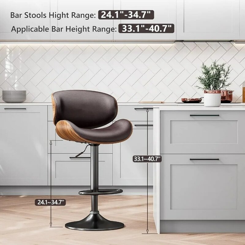 Bangku Bar, bangku konter dapat disesuaikan kulit PU Modern, kursi Bar dengan punggung dan sandaran kaki untuk pulau dapur rumah, coklat