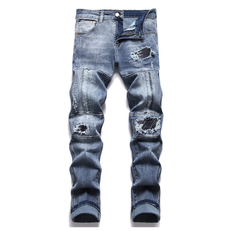 Mcikkny Vintage Men Ripped Pleated Jeans Pants Blue Slim Fit Straight Denim Trousers For Male Patchwork