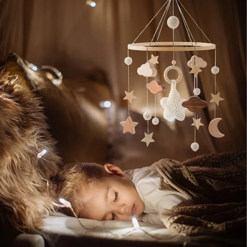 Penjualan laris mainan kerincingan bayi bintang liontin boks bayi lonceng tempat tidur berbintang dekorasi kamar bayi ornamen lonceng angin kayu mainan tempat tidur bayi