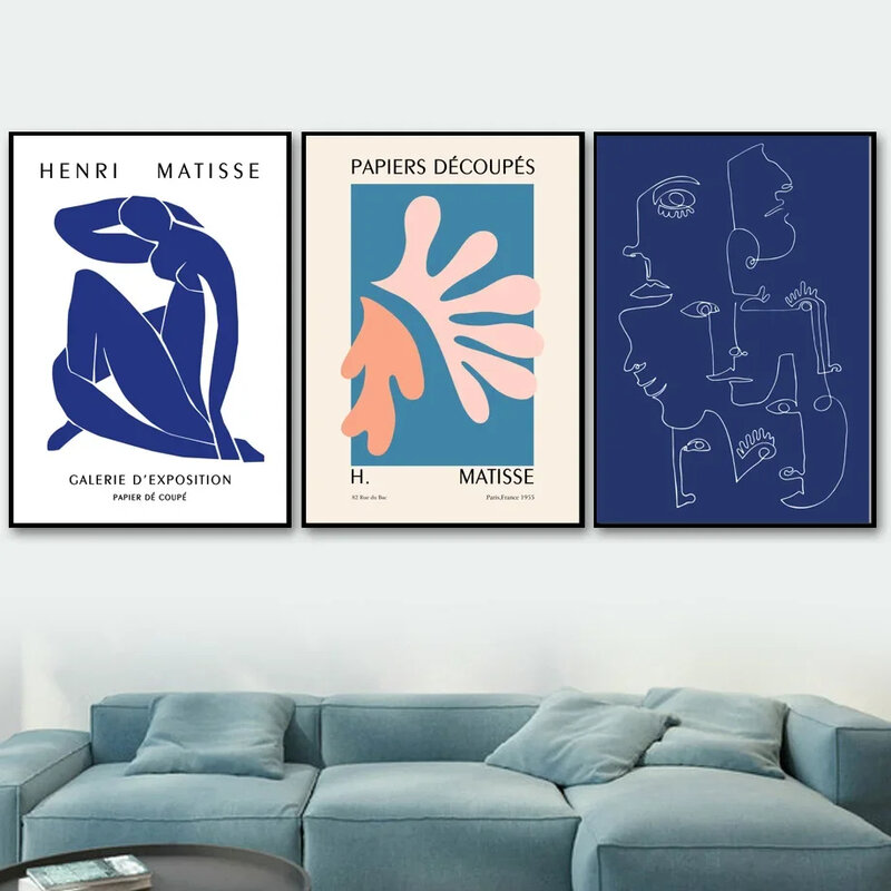 Matisse arte de pared de hoja de mujer de línea abstracta azul, pintura en lienzo, carteles nórdicos e impresiones, imagen de pared para sala de estar, decoración del hogar