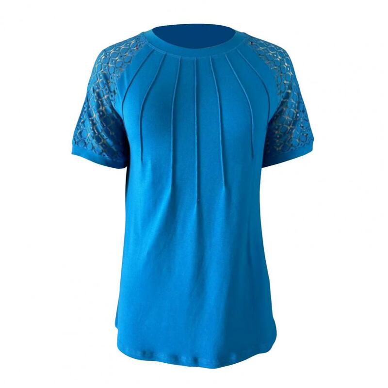 Camiseta con cuello redondo plisada para mujer, camisa con detalles de encaje de malla, manga raglán para mujer