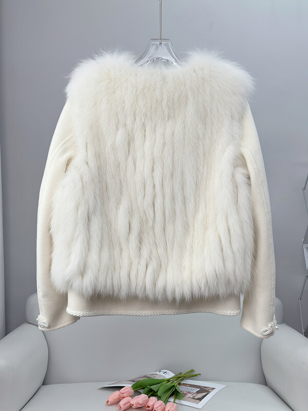 Abrigo de lana de doble cara para mujer, abrigo corto juvenil, piel, hierba, otoño e invierno, 2023