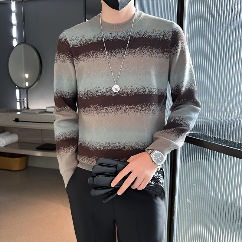 Suéter britânico de malha com decote em o masculino, manga comprida, slim fit, roupas casuais de malha, streetwear primavera, 2023