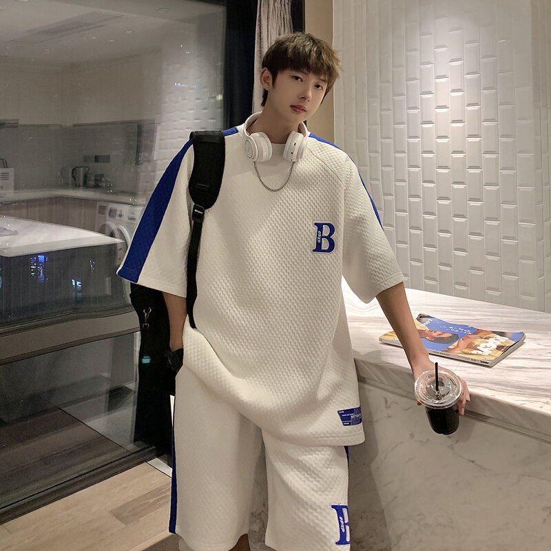 3XL Большая мужская спортивная одежда, новая Корейская Высокая уличная мода, футболка, шорты, два предмета, Мужская винтажная Дизайнерская одежда с воротником