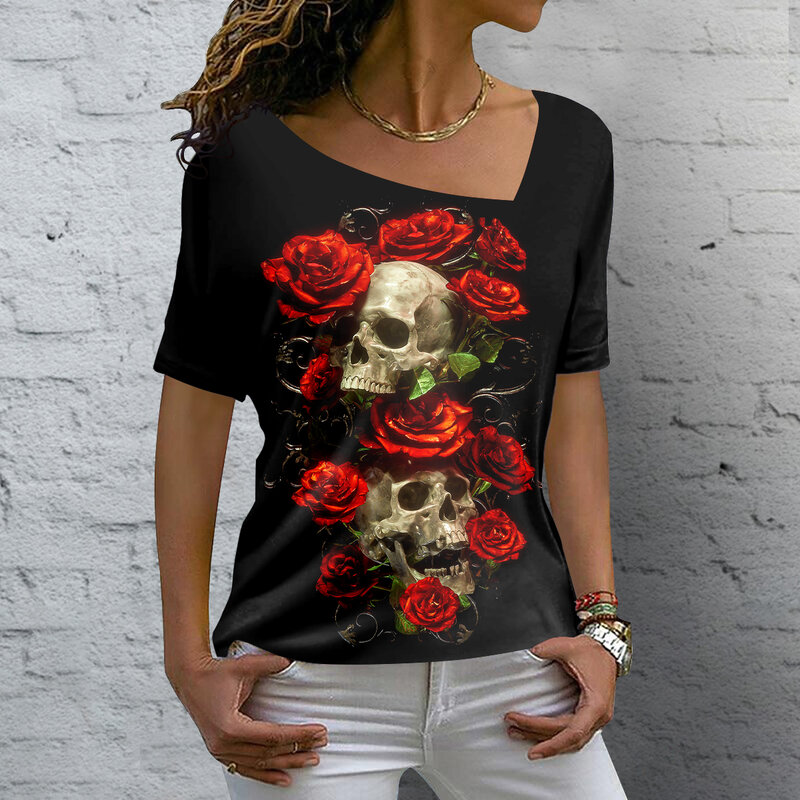 Vintage Skull Women's T Shirt 3D Printed Skew Collar Blouses Casual Short Sleeve Pullover Tops Summer Oversized Clothes Tees