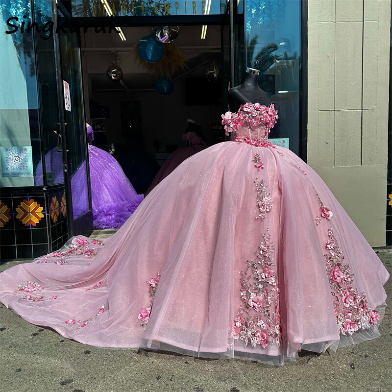 Elegant Pink Quinceanera Dress 2024 Sweet 16 Dress Flowers Appliques Crystals Beading Vestidos 16th Party Gown Ball Gown