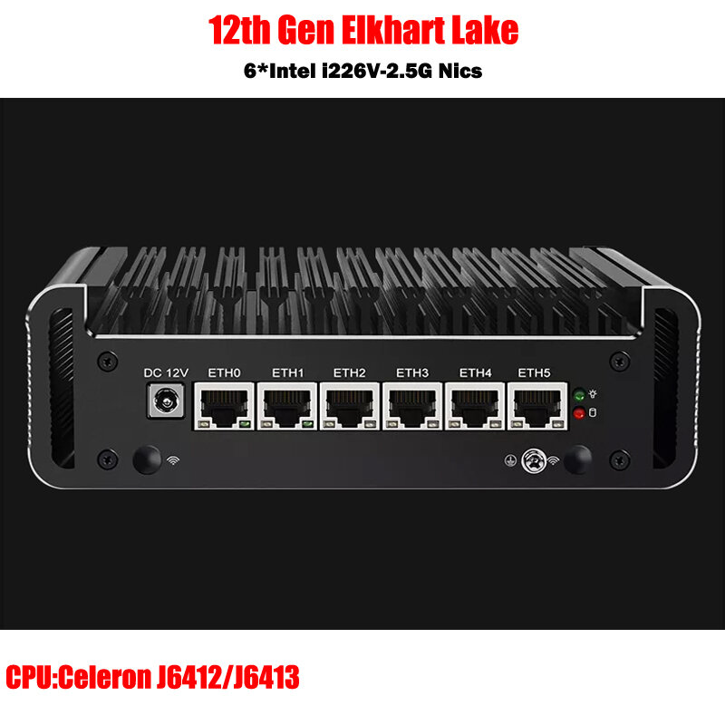 12th Gen Tường Lửa Router Elkhart Lake Celeron J6413 J6412 6 * Intel I226-V 2.5G Nic Cổng Mạng Quạt Không Cánh Mini router PC Win11