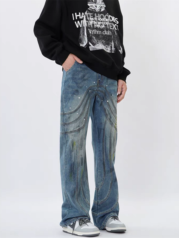 2024 Kanye Y2K Streetwear Graffiti Stacked Flare Jeans Pants For Men Clothes Patchwork Washed Blue Denim Trousers Pantalon Homme