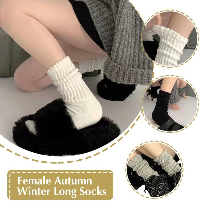 1 Pair Fashion Cute Lolita Socks Autumn Winter Knitted Long Socks For Women Solid Color Pile Up Medium Length Socks